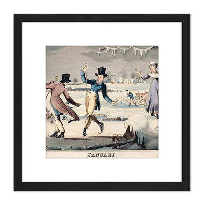 Eislaufen Januar 1820 Winter Zeichnung Quadrat gerahmte Wandkunst 8 x 8 Zoll