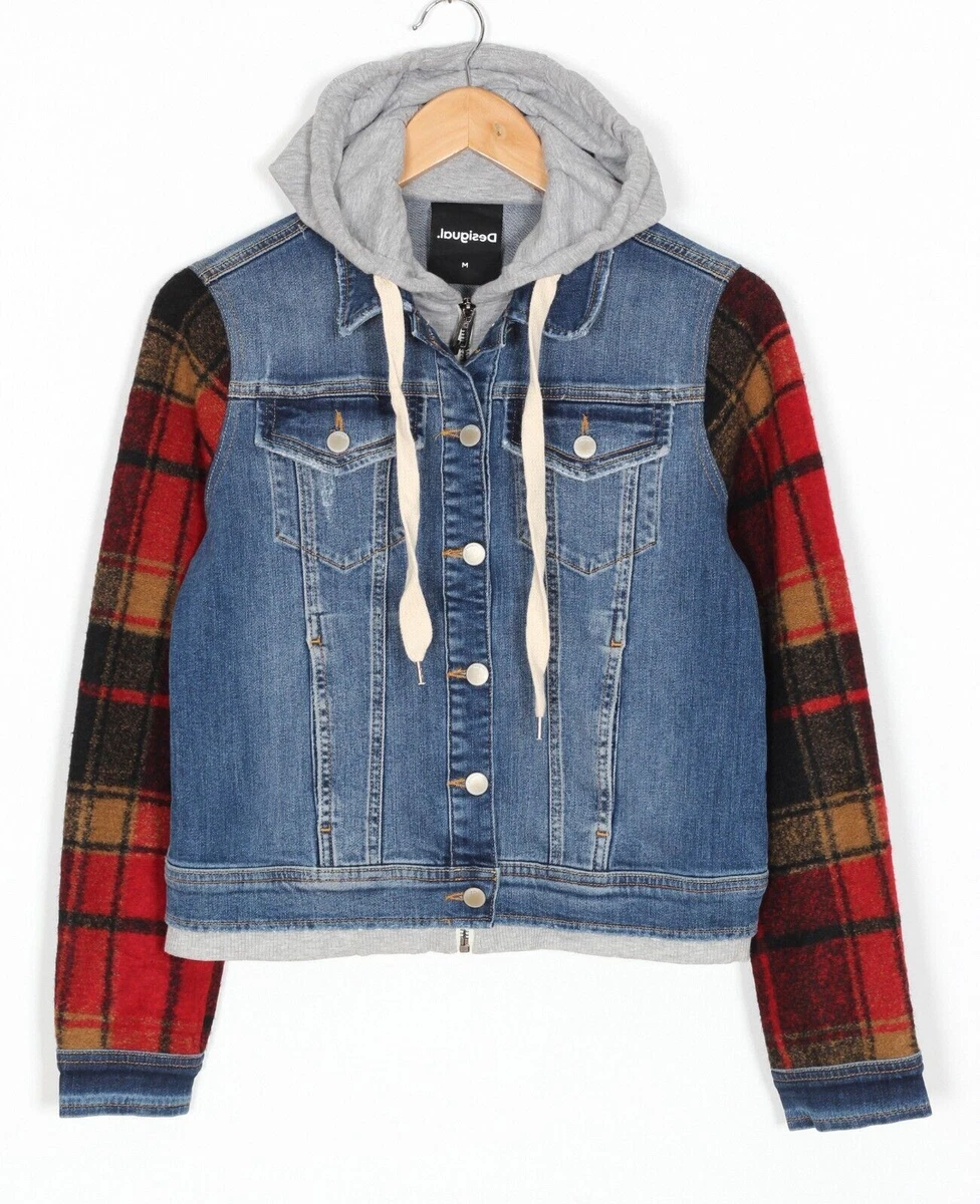 Denim jacket with plaid sleeves cheap