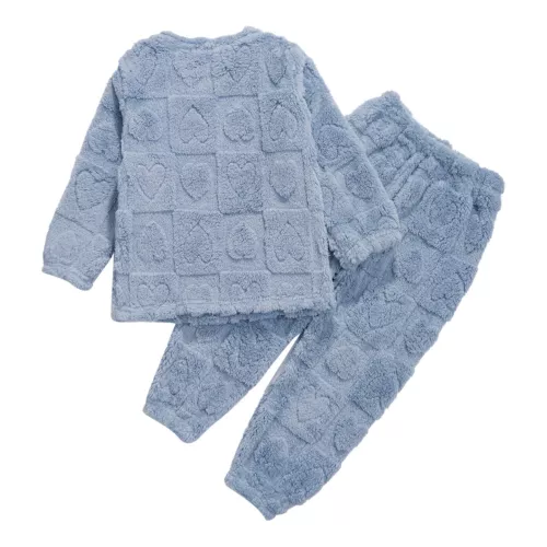 Kids Boys Girls Pajamas Set Solid Color Tops With Pants Round Neck Flannel Suit - Foto 19 di 72