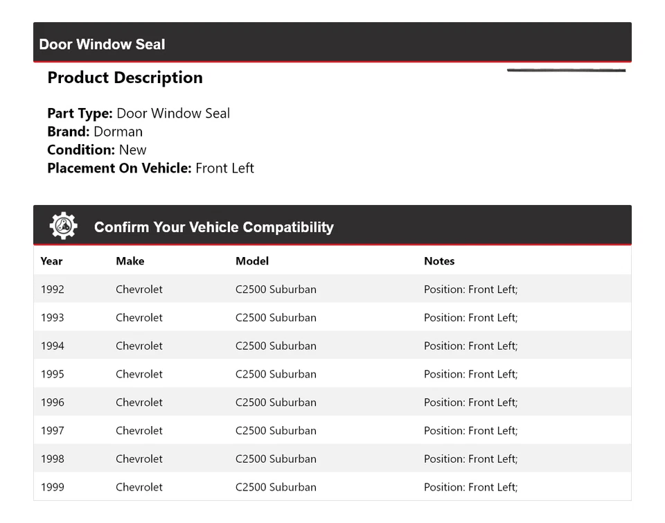 For 1992-1999 Chevrolet C2500 Suburban Dorman Door Window Seal Front Left 1993 - Image 2 of 4