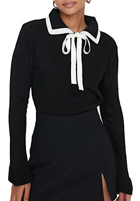 Damen Pullover zweifarbig mit Kragen und Schleife guter Ton, Langarm 0039 neu