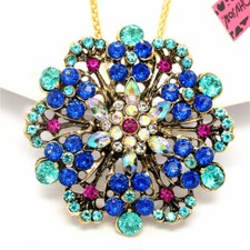 New Fashion Women Lady Rhinestone Wreath Blue Flower Crystal Pendant Necklace