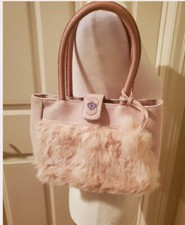 Suede Pink Fur Purse w inner pockets, snap closure, 2 pom poms on handle
