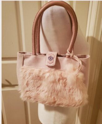 Suede Pink Fur Purse w inner pockets, snap closure, 2 pom poms on handle