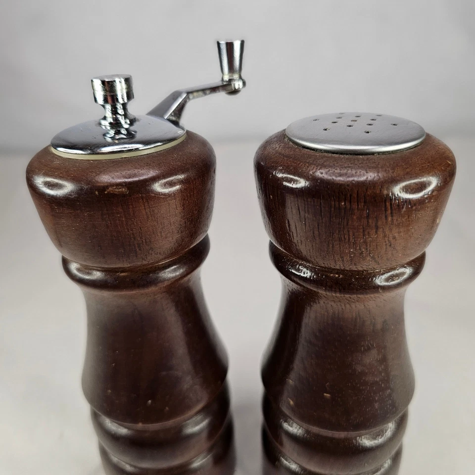 Vintage Wood Pepper Mill and Salt Shaker Set Manual Crank Stainless Steel - Image 3 of 4