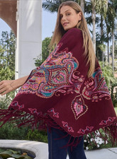 Johnny Was Wool Burgundy Open Front Cardigan Cape Poncho Fringe Paisley Boho OS