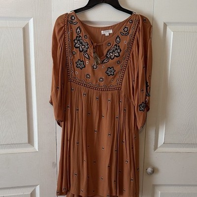 c+j collection Brown Embroidered Floral Sheath Short Dress Tie Neck 3/4 Sleeve L