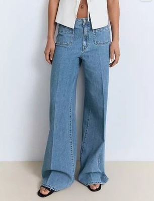 MANGO High-Rise Wide Leg Emma Jeans mit Taschen in Blau UK 10/M (FM250-2)