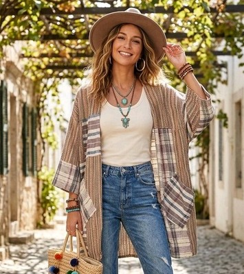  ASOS Patchwork Kimono Jacket Cardigan M Boho Artisan Woven Textured Oversized