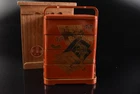 U7837: Japanese Wooden Lacquer ware Flower gold lacquer CONTAINER w/signed box