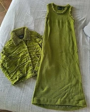 Vintage Michael Simon Long Knit Dress Set Embellished Lime Green With Cardigan 