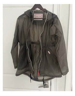 Hunter Women s Hooded Waterproof Rain Coat Gray Size S/MZip Front Drawstring