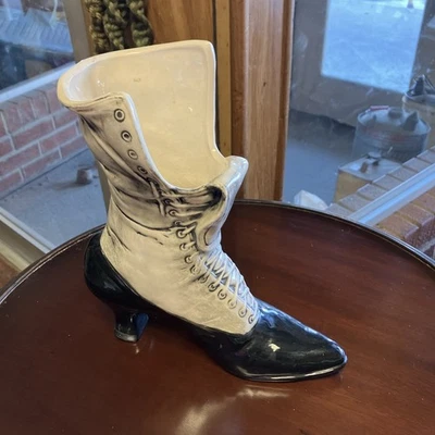 VTG Ceramic Victorian Lace Up Boot Vase/ Planter Black/ White 9 1/2” - Image 1 of 4