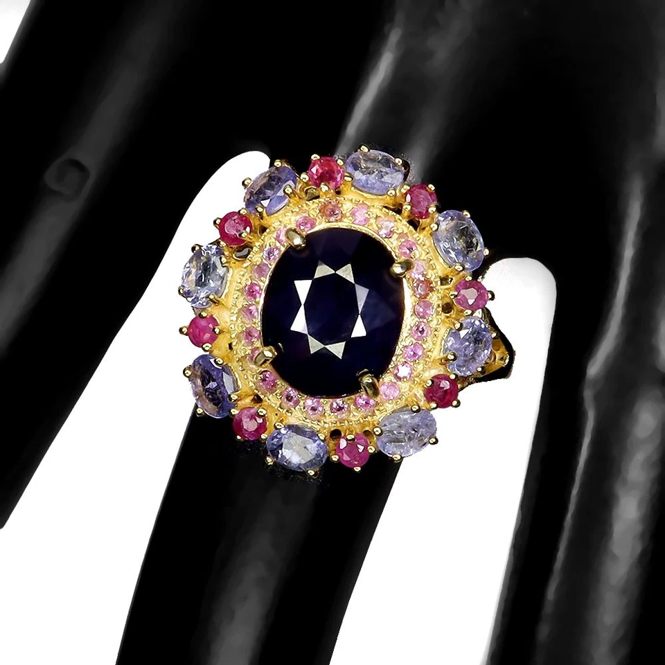 925 Anello Argento Sterling Ovale Zaffiro Blu 11x9mm Rubino Gemma Misura 9 - Immagine 3 di 4