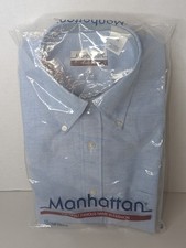 Vintage Mens Manhattan Button Down Blue Short Sleeve Dress Shirt 15