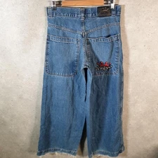 Vintage JNCO Jeans Y2K Hip Hop Denim Mens W30 L30 Blue Embroidered Baggy