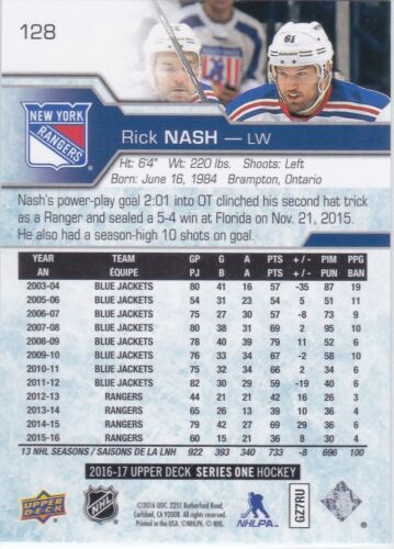 16/17 UD...RICK NASH...RAINBOW SPECKLED GOLD FOIL...CARD # 128..RANGERS - Picture 2 of 2