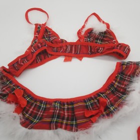 Womens Sexy Babydoll 4 pcs Lingerie Red Plaid Checked Holiday Christmas Theme