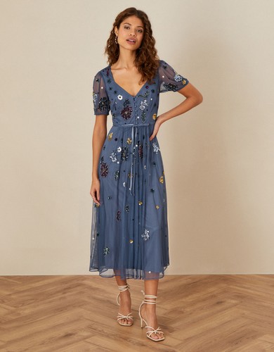 Monsoon Georgia Embellished Midi Dress in Recycled Polyester Grey UK 22 BNWT New - Picture 13 of 24