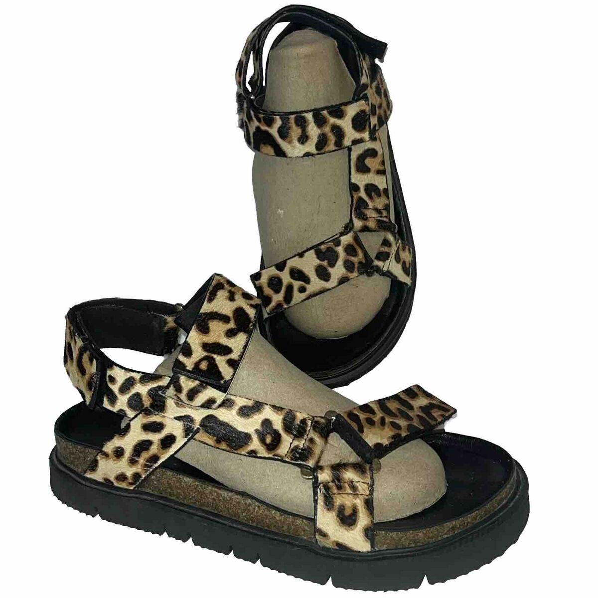 LEOPARD Print Real FUR Calf Hair Strappy CORK Birk Style LEOPARD Print Real FUR Calf Hair Strappy CORK Birk Style