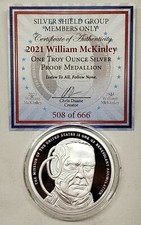1oz 2021 Silver Shield Proof William McKinley Silver Round President #24 #25 100.00 per troy oz