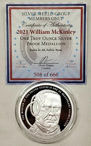 1oz 2021 Silver Shield Proof William McKinley Silver Round President #24 #25