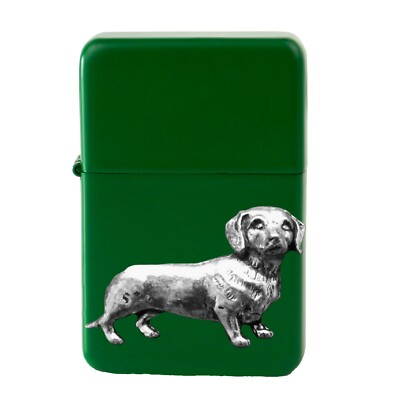 #ad D12 Dachshund Pewter design on a GREEN flip top petrol lighter windproof GBP 14.95