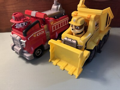 Paw Patrol Set Of 2 Figures & Vehicles Marshall Fire Engine Rubble Bulldozer
