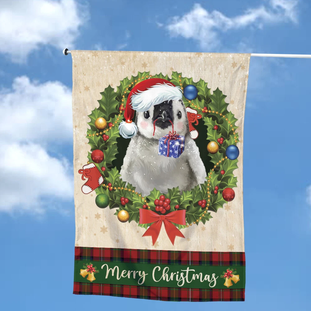 Penguin Merry Christmas Flag, Penguin Christmas Wreath Flag, Penguin Xmas Flag