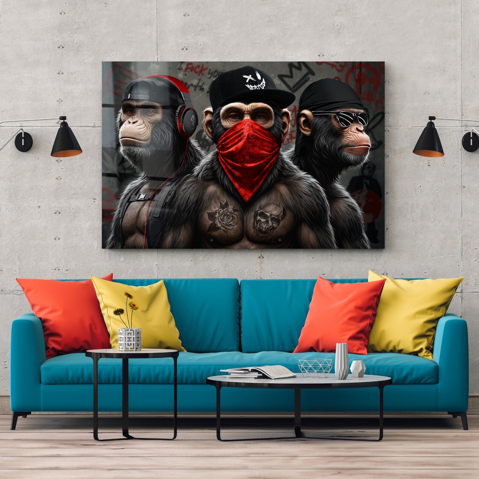 ✅ Banksy 3 SWAG Scimmia Monkey Street, Quadro Arte Tela, Vetro Acrilico, Decorazione foto 2