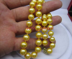 AAAAA 18"10-11mm REAL natural south sea deep golden Yellow pearl necklace 14K