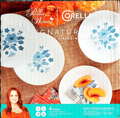 The Pioneer Woman by Corelle 4-Piece Appetizer Plate Set, Evie, Blue