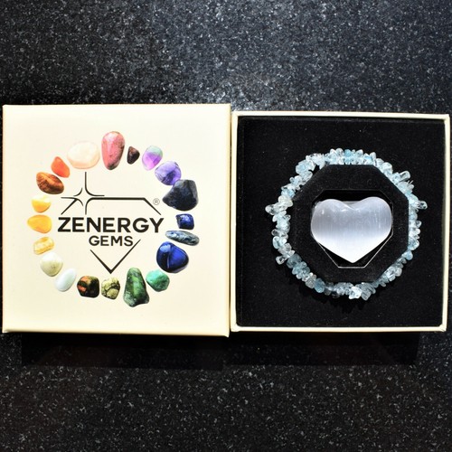 CHARGED Blue Topaz Crystal Chip Stretchy Bracelet + Bay Selenite Puffy Heart - Picture 4 of 11