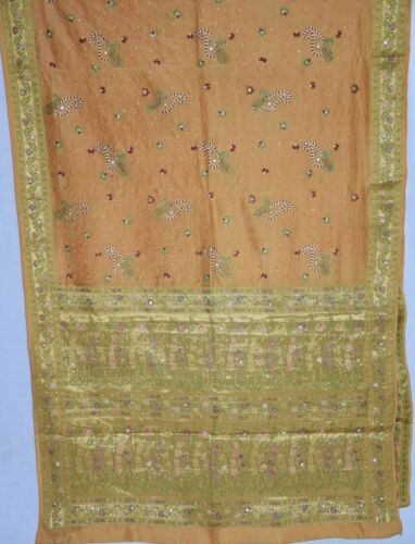 Vintage Orange Flower Pure Tussar Silk Sari Thred Zari Kunden Embroidered Saree  - Picture 1 of 8