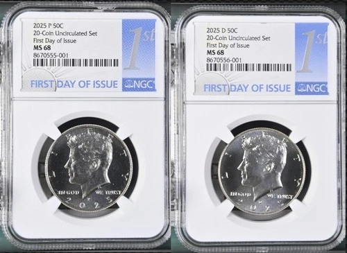 2025 P & D KENNEDY NGC MS68 68 HALF DOLLAR 2 COIN SET, FIRST DAY * 2 Coin Set