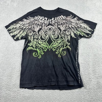 Affliction Live Fast T-Shirt Mens XL Black Green Fleur De Lis MMA Wings