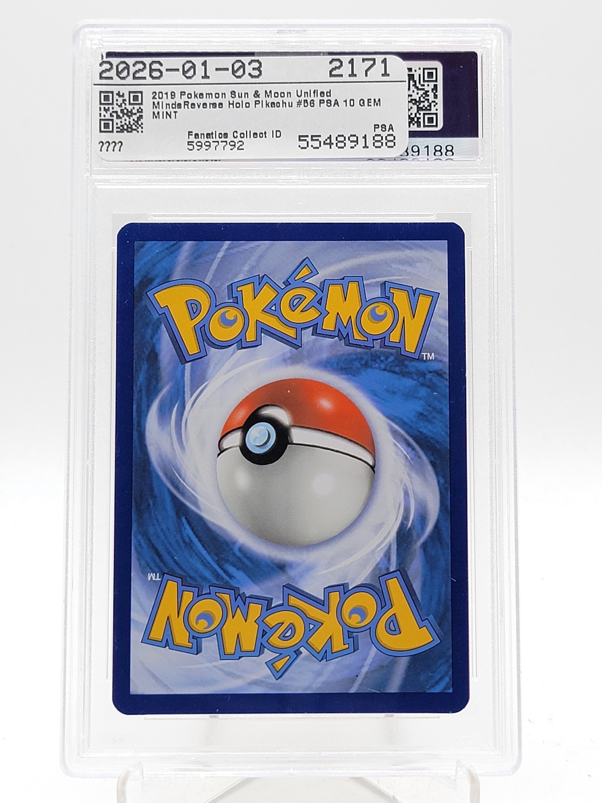 PIKACHU 2019 POKEMON SUN & MOON UNIFIED MINDS REVERSE HOLO #56/236 PSA 10 Q0895 view 2
