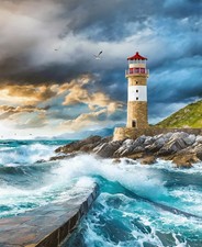 36" X 44" Panel Coastal Guardians Lighthouse Scene Waves Cotton Fabric D387.54