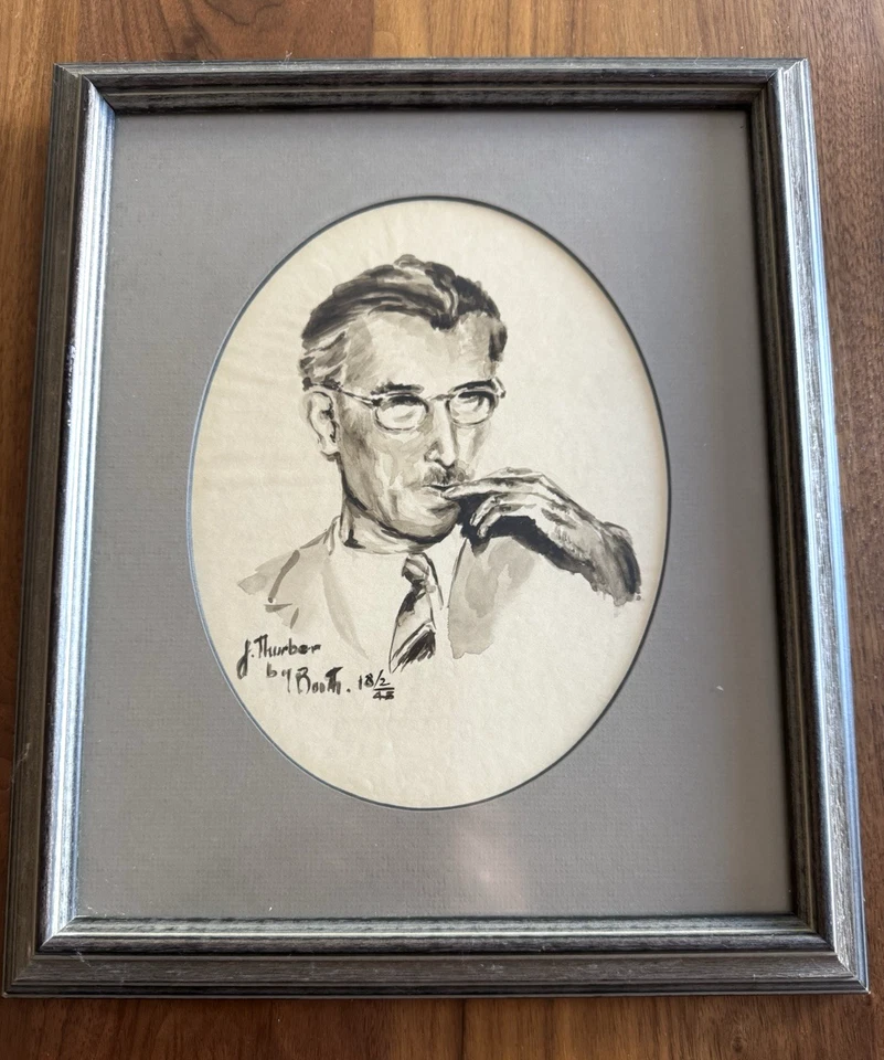Retrato en acuarela James Thurber 1948 - arte de autor neoyorquino - cabina firmada Foto 4 de 4