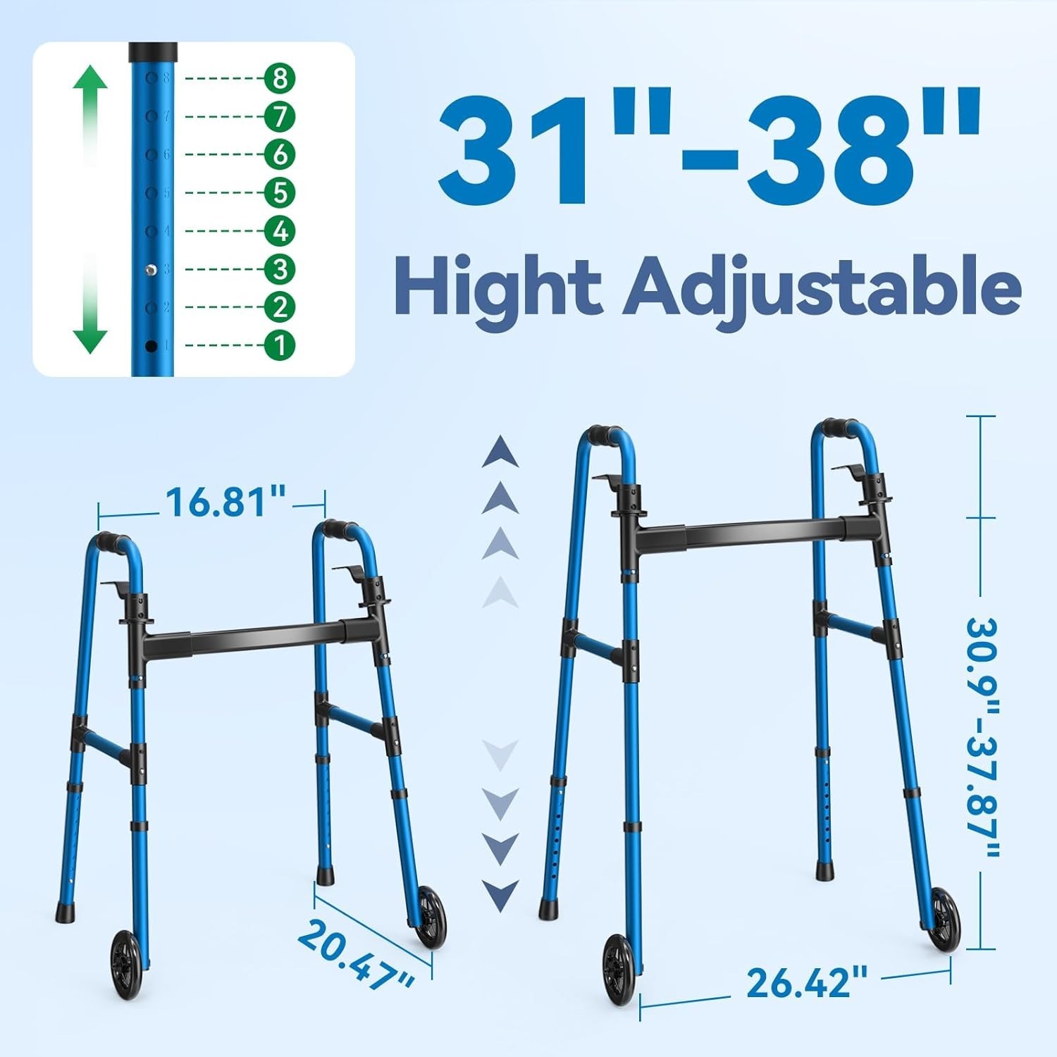 Folding Walker with 2 Skis and 5" Wheels Lightweight Walker Up to 350 Lbs BLUE