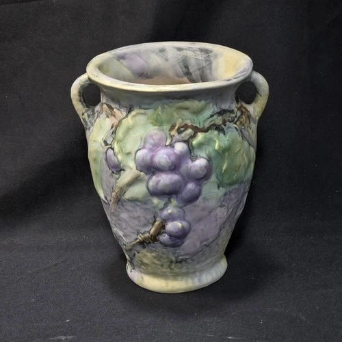 ANTIQUE WELLER SILVERTONE 1920'S ART POTTERY PASTEL GRAPES CERAMIC 6 1/2" VASE