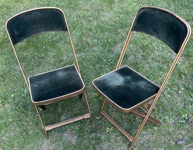 Pair Of Stakmore Antique Metal Folding Chairs Gold Painted, Green Velvet Seats 2