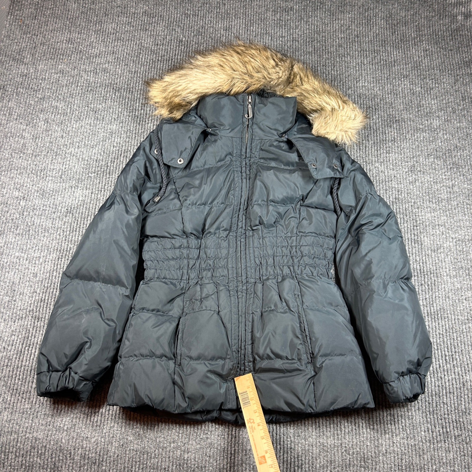 Juicy Couture Jacket Women's S Black Puffer Faux Fur Trim Hood Smocked Waist