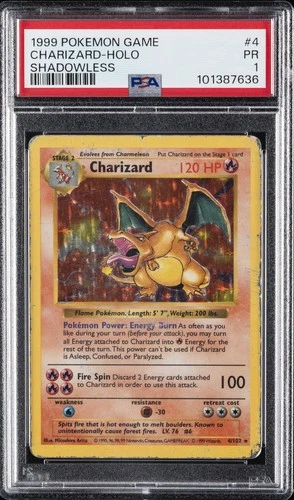 1999 POKEMON BASE SET SHADOWLESS #4 CHARIZARD-HOLO PSA 1