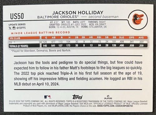 2024 Topps Update Jackson Holliday #US50 Orange Black Foil RC Baltimore Orioles - Picture 2 of 2