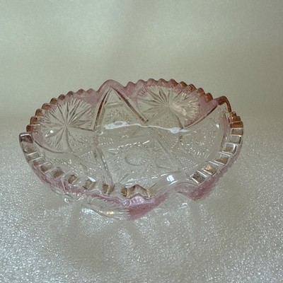 Elegant Cut Crystal Candy Dish Vintage Pink Tint Saw Tooth Edge 4.5'' EUC