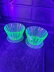 #5206 2 Tiffin Ribbed Green Uranium Depression Glass Sherbet Bowl Dessert Cup