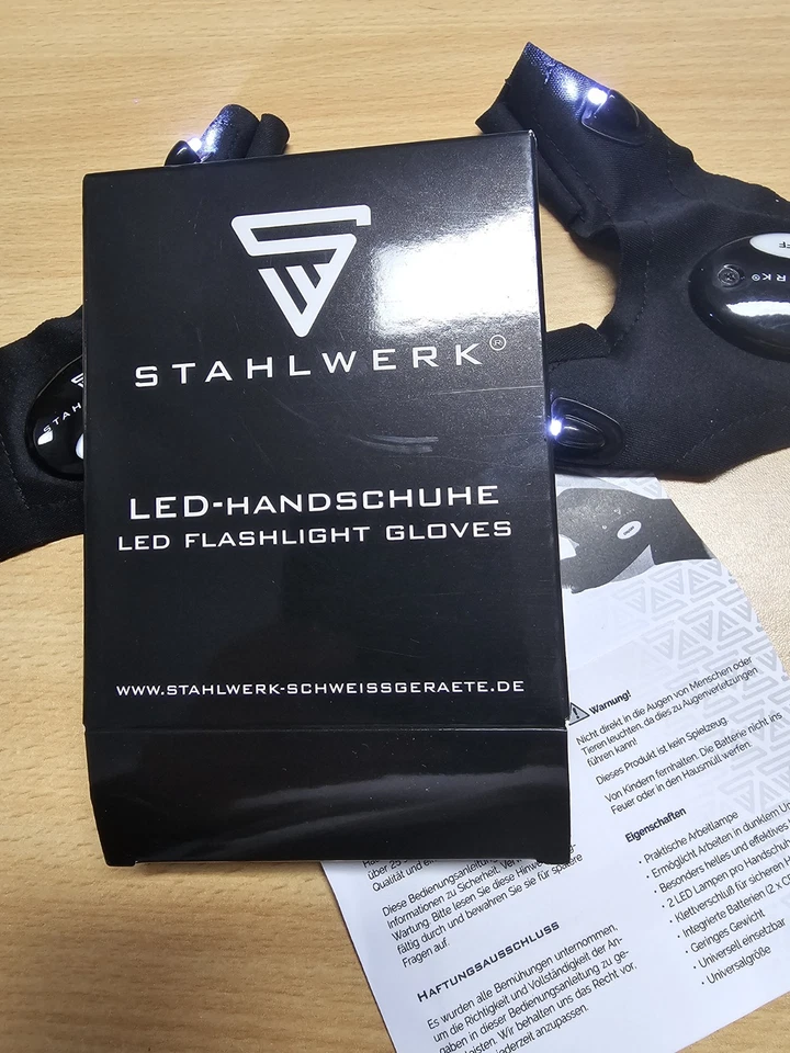 STAHLWERK LED-Handschuhe 2er Set Fingerlose Handschuhe mit Licht Kfz Mechanik