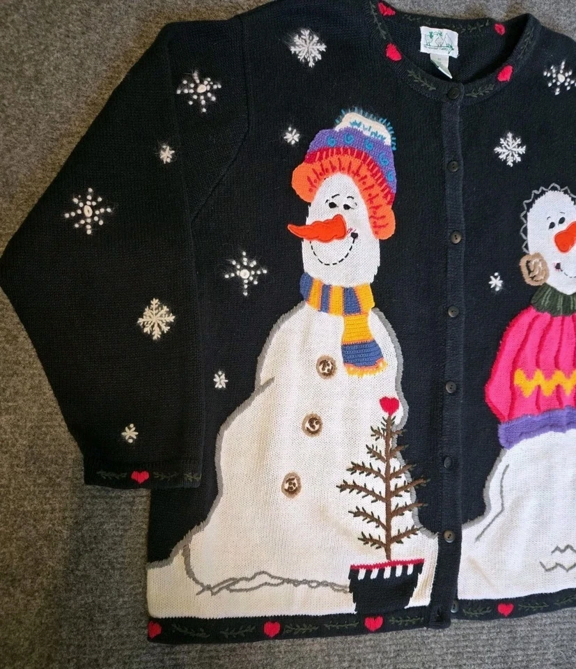 The Quacker Factory Women’s Sz 3X Knit Christmas Sweater Cardigan Snowman Cat - Image 2 of 4