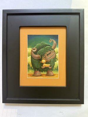 Whimsical Monster Art Print   Horned Creature Pop Surreal Style   Framed